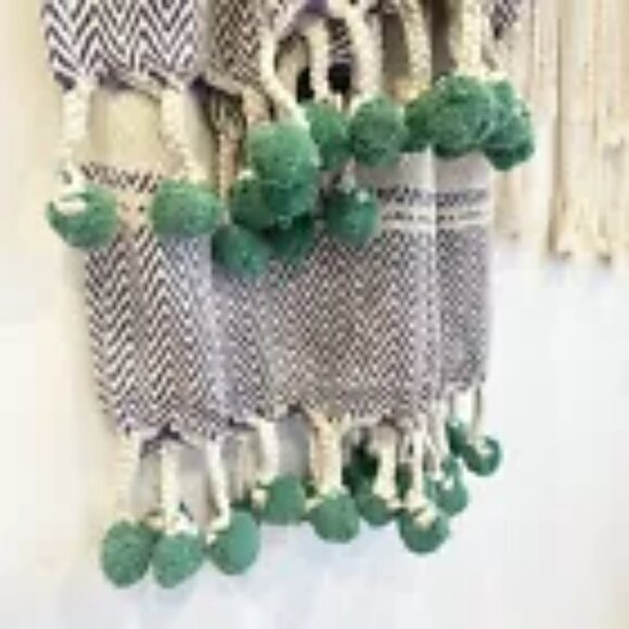 NEW Anthro Striped Blue Green Pom Pom Boho Tassel Knit Throw Blanket - 50" x 60" - Picture 9 of 11
